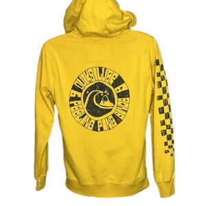 QUICKSILVER yellow hoodie, size small, small stain on pocket and pilling